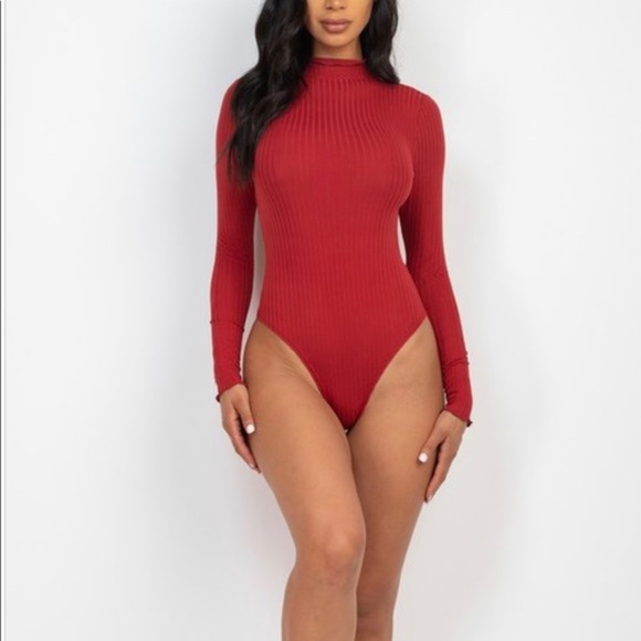 WOMENS RUST RIBBED LONG SLEEVE MOCK‎ NECK BODYSUIT - Picture 7 of 8